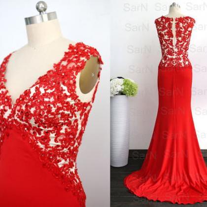 Red Lace Jersey Evening Dresses, Lace Jersey..