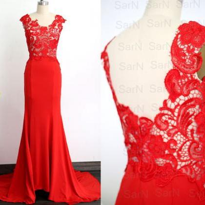 Jersey Prom Dress, Red Jersey Evening Gown, Lace..