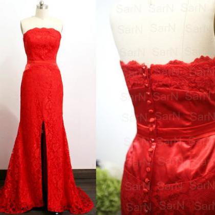 Red Lace Evening Dresses With Silt, Strapless..