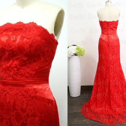 Red Lace Evening Dresses With Silt, Strapless..