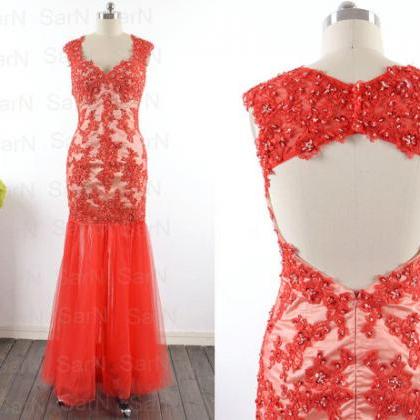 Lace Long Prom Dresses, Custom Red Open Back Lace..