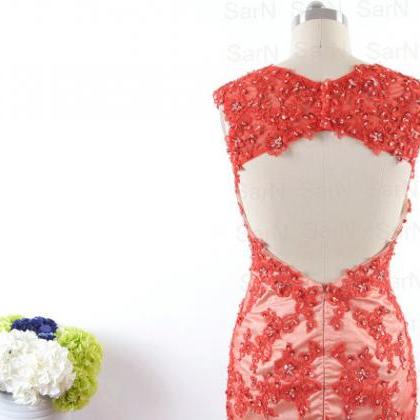 Lace Long Prom Dresses, Custom Red Open Back Lace..