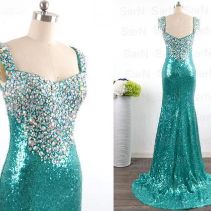 Sequin Mermaid Prom Dresses, Straps Long Green..
