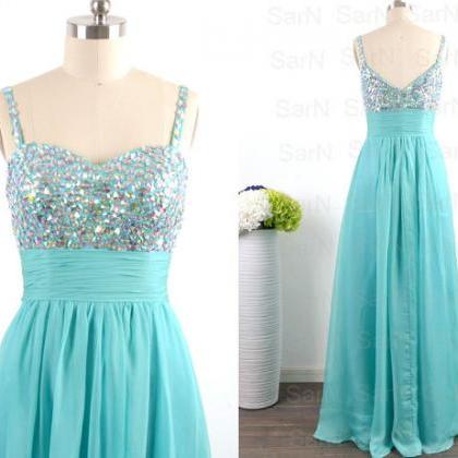 Straps With Crystals Teal Long Prom Dresses, Chiffon Long Formal Gown ...