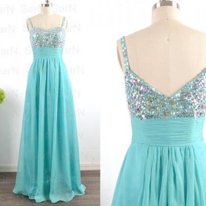 Straps With Crystals Teal Long Prom Dresses, Chiffon Long Formal Gown ...