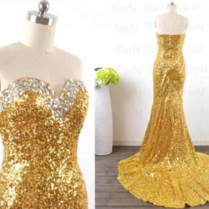 Sequin Golden Evening Dresses, Strapless Long..