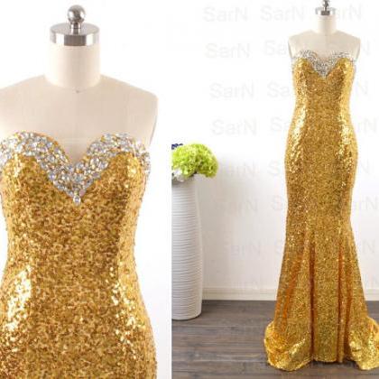 Sequin Golden Evening Dresses, Strapless Long..