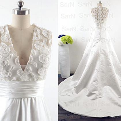 A Line Lace Satin Bridal Gown, Deep V Neck Lace..