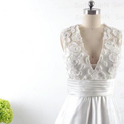 A Line Lace Satin Bridal Gown, Deep V Neck Lace..