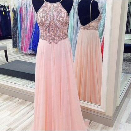 Custom Made A Line Pink Backless Prom Dresses,..