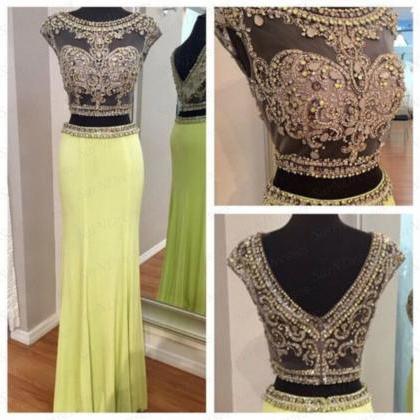 Two Piece Prom Dresses, Yellow Homecoming Dresses,..