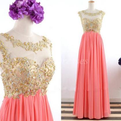 Shining Scoop Gold Appliques Beaded Coral Chiffon..