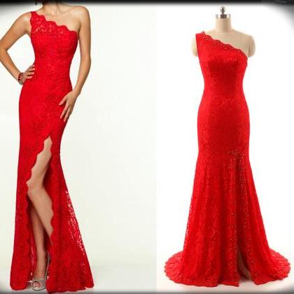 Sexy One-shoulder Red Prom Dress,split Lace Prom..