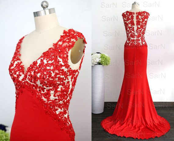 Red Lace Jersey Evening Dresses, Lace Jersey Mermaid Evening Gown, Red Mermaid Formal Dresses, V Neck Jersey Long Prom Gown