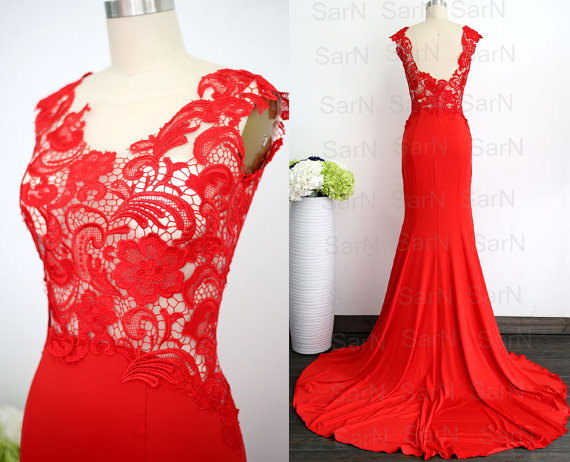 Jersey Prom Dress, Red Jersey Evening Gown, Lace Jersey Red Evening Dresses, Red Wedding Party Dresses, Red Jersey Formal Gown