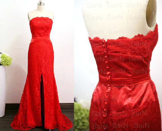 Red Lace Evening Dresses With Silt, Strapless Mermaid Evening Gown, Red Mermaid Formal Dresses, Mermaid Lace Long Prom Gown