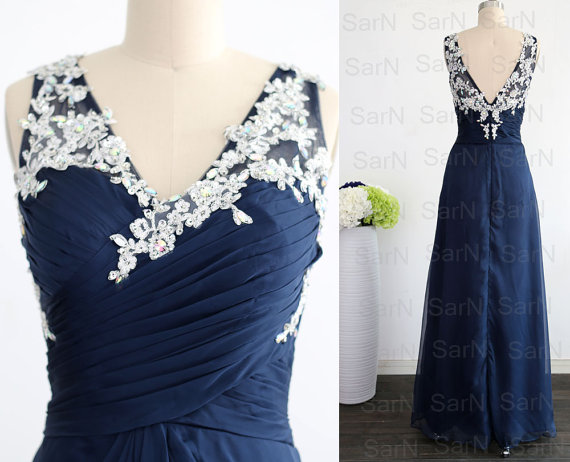 Navy Blue Long Prom Dresses, Couture Dark Navy V Neck Crystal Chiffon Long Formal Gown, Straps V Neck Long Chiffon Prom Gown