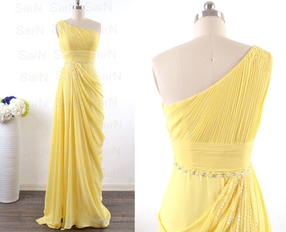 Daffodil Long Prom Dresses, Custom Daffodil One Shoulder Chiffon Long Formal Gown, One Shoulder With Beaded Long Prom Gown