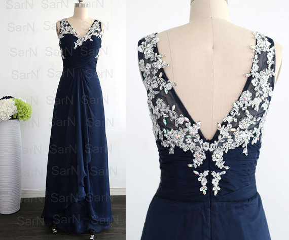 Navy Blue Long Bridesmaid Dresses, Couture Dark Navy V Neck Crystal Chiffon Long Formal Gown, Straps V Neck Long Chiffon Prom Gown