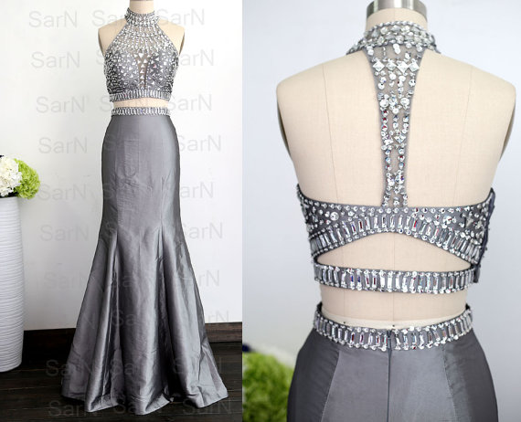Two Pieces Taffeta Silver Formal Dresses, Sexy Gown, Two Pieces Prom Dresses, Halter With Crystals Silver Mermaid Prom Gown