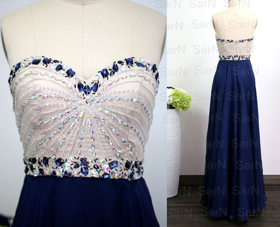 Dark Navy Prom Dresses, Custom Navy Strapless Crystal And Chiffon Long Formal Gown, Strapless Sweetheart Navy Long Prom Gown
