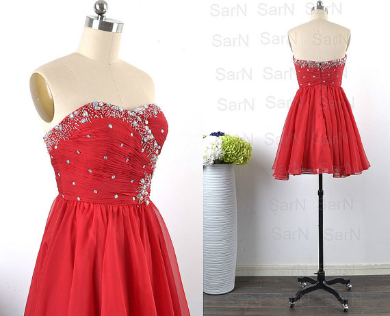 Mini Prom Dresses, Custom Strapless Sweetheart Short Chiffon Women Cocktail Dresses, Sweetheart Short Chiffon Red Short Formal Dresses