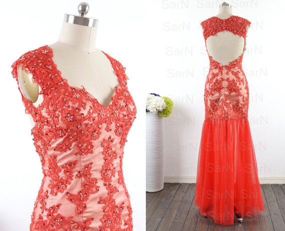 Lace Long Prom Dresses, Custom Red Open Back Lace Long Formal Gown, Lace Straps Sweetheart Long Lace Prom Gown