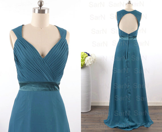 Teal Long Bridesmaid Dresseswith Open Back, Custom Straps V Neck Chiffon Teal Formal Dresses, Long Teal Gown, Long Wedding Party Dresses