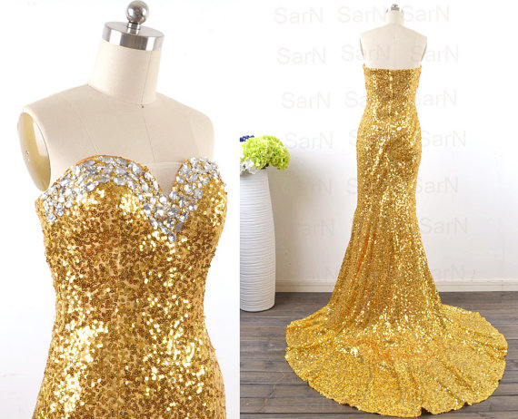 Sequin Golden Evening Dresses, Strapless Long Golden Sequin Mermaid Evening Gown, Long Formal Dresses, Mermaid Sequin Long Prom Gown