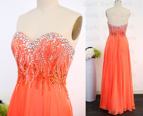Orange Long Prom Dresses, Custom Orange Strapless Crystal Chiffon Long Formal Gown, Sweetheart Long Prom Gown