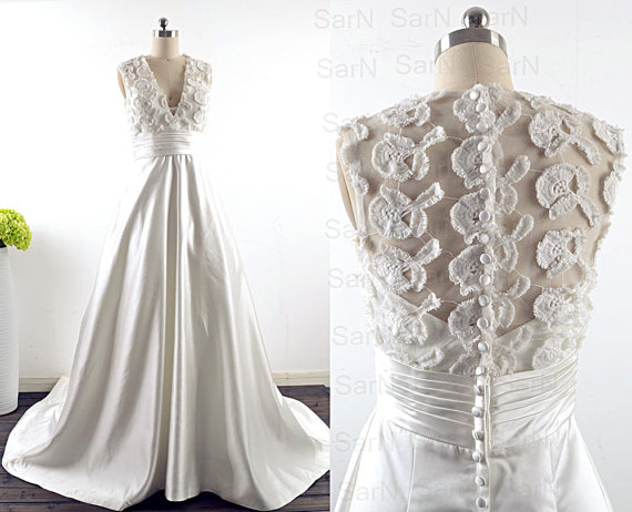 A Line Lace Satin Bridal Gown, Deep V Neck Lace Couture Wedding Gown, A Line Lace Wedding Dress, Long Wedding Bridal Dresses