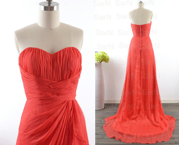 Red Chiffon Evening Dresses With Silt, A Line Red Chiffon Strapless Evening Gown, Red Wedding Party Dresses, Red Chiffon Formal Gown