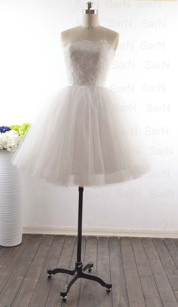 Mini Bridal Dresses, Strapless Mini Ivory Prom Dresses, Custom Ivory Lace Tulle Mini Bridal Dresses, Short Lace Wedding Gown