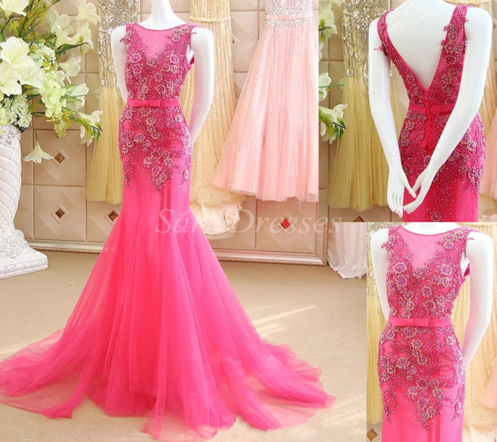 2015 Gorgeous Luxury Prom Dresses Pink Mermaid Prom Dress,appliqued Prom Dress, Crystal Beaded Prom Dress , Custom Made Prom Gown