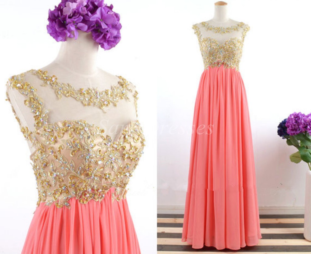 Shining Scoop Gold Appliques Beaded Coral Chiffon Ruffle Simple, Elegant Long Prom Dress