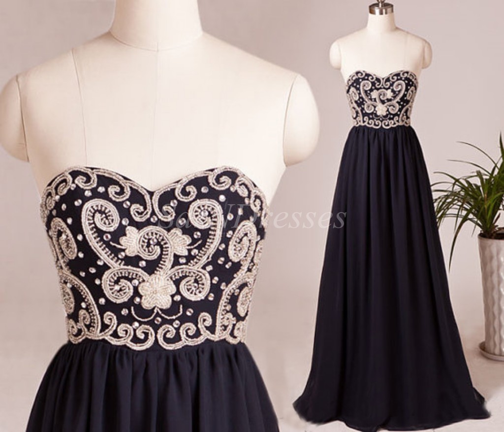 Sweetheart Beaded Prom Dress,black Chiffon Dress With Zipper Back,party Dress