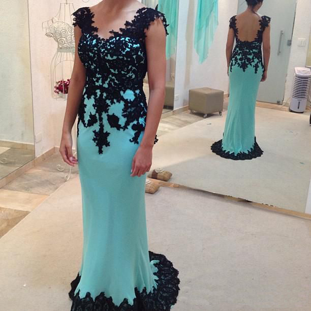 Goregeous Black Lace Prom Dress, Cap Sleeve Mermaid Prom Dress, Blue Prom Dress, Lace Dress, Evening Dress