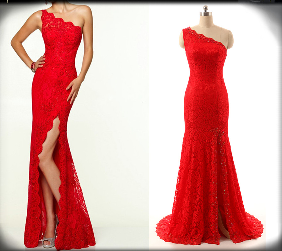 Sexy One-shoulder Red Prom Dress,split Lace Prom Dress'mermaid Prom Dress,beaded Prom Dress,long Prom Dress,party Gowns