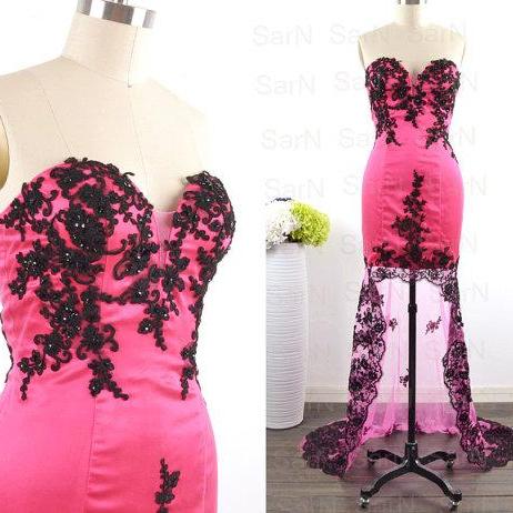 High Low Fuchsia Prom Dresses, Custom Hi-Lo Fuchsia Lace Tulle Prom ...